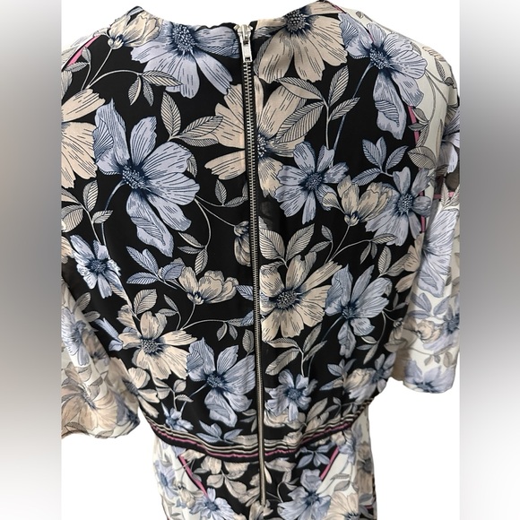 Maison Tara Blue Pink Black Tan Gray Floral Nouveau Chiffon Midi Dress Size 14 - Picture 7 of 12